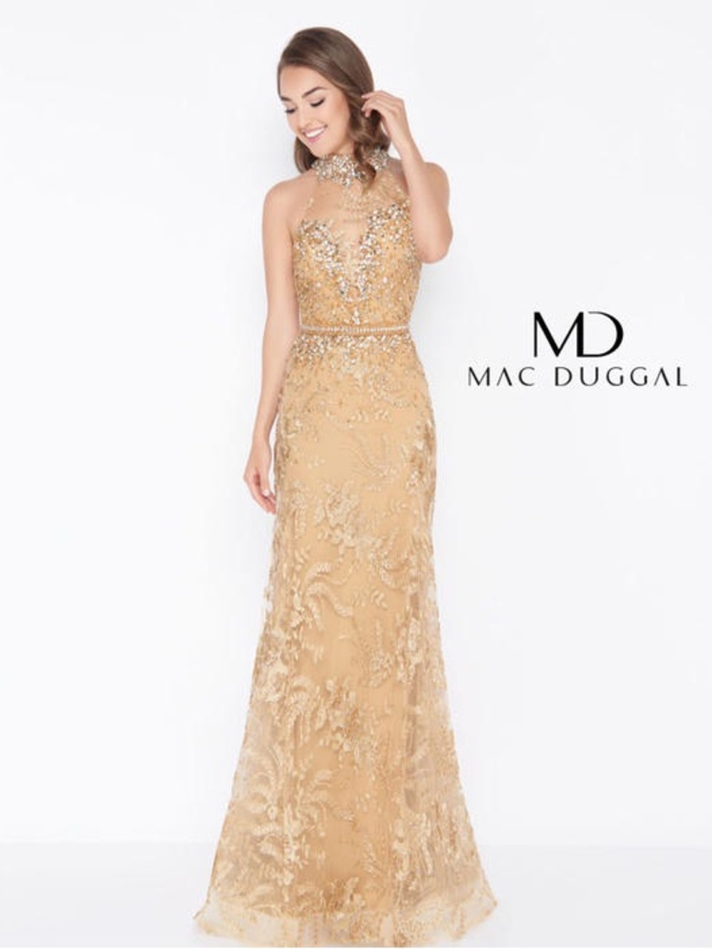 Mac Duggal Gold Embellished Illusion Neckline Evening Gown 6